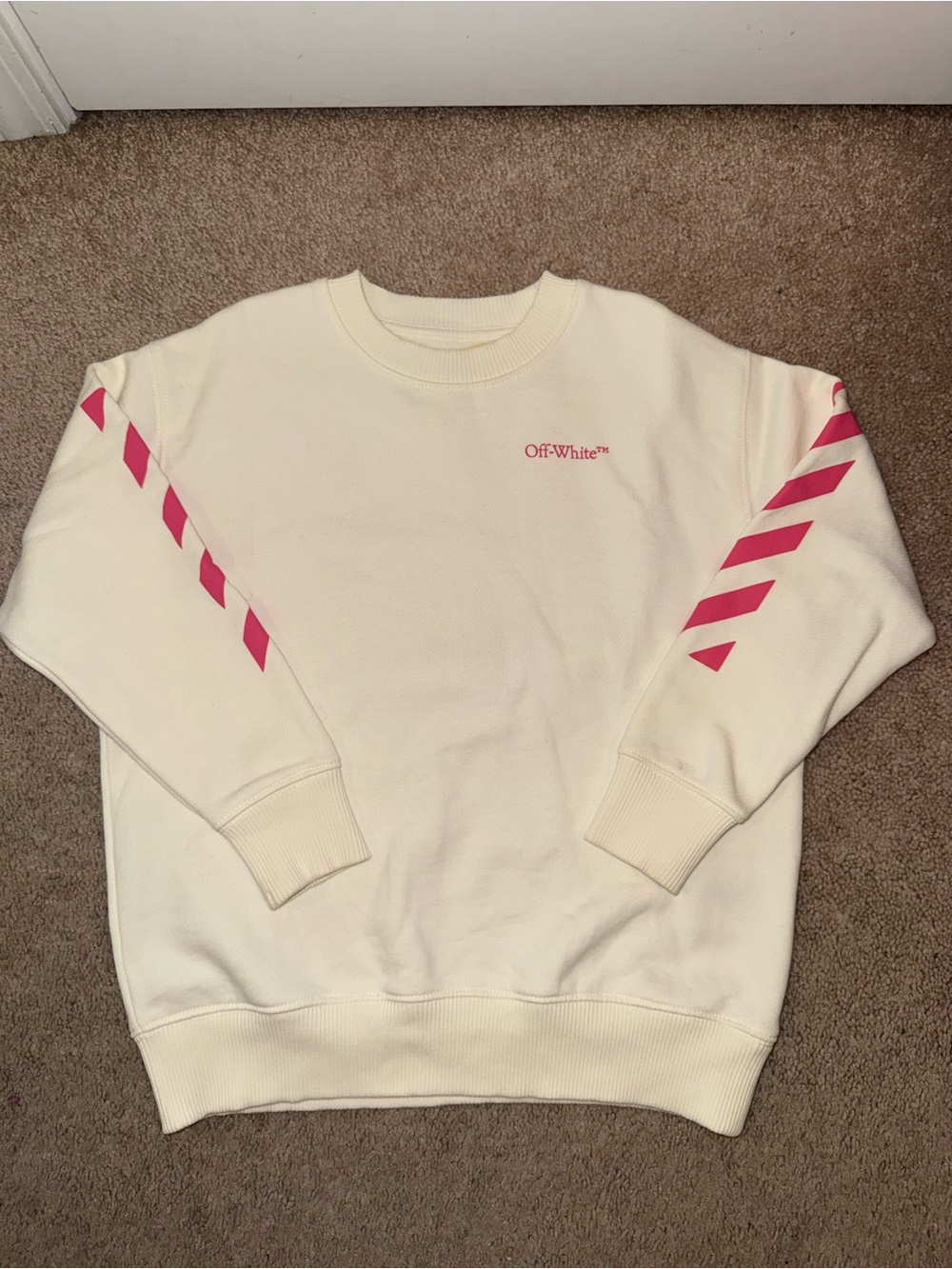 Off-White Cream Crewneck Sweatshirt with Pink Sleeve Stripes